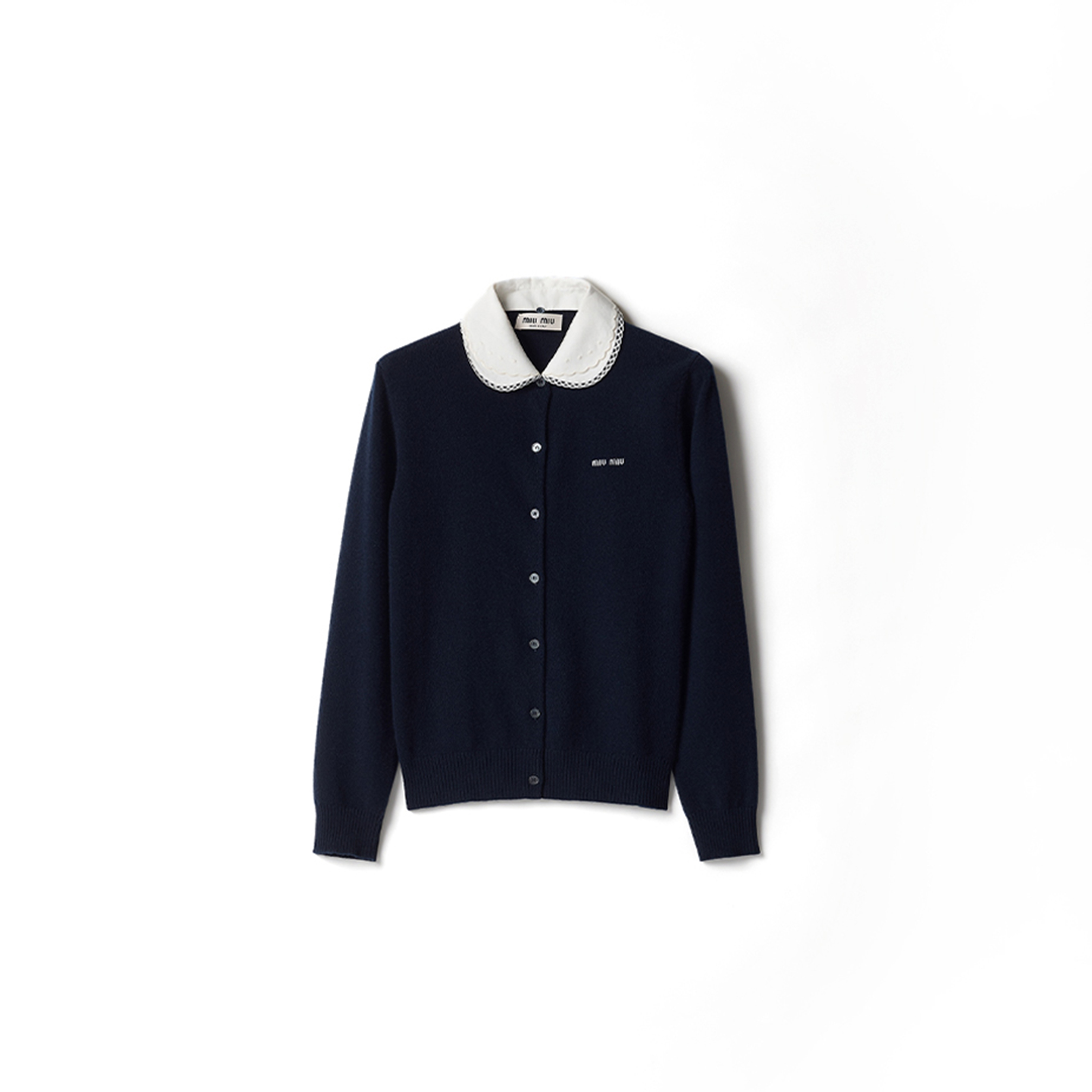 MIU MIU CASHMERE CARDIGAN WITH EMBROIDERED POPLIN COLLAR MMF01S